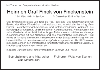 Traueranzeige von Heinrich Finck von Hersfeld