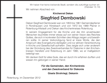 Traueranzeige von Siegfried Dembowski von Hersfeld