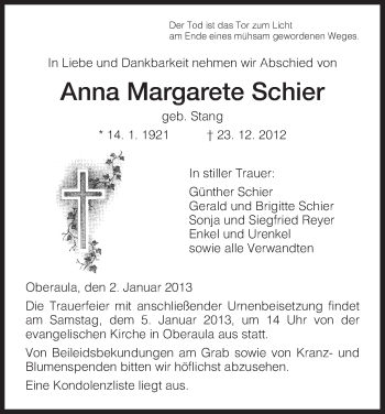 Traueranzeige von Anna Margarete von Hersfeld