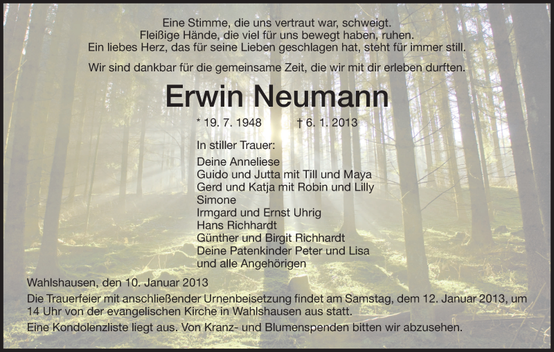  Traueranzeige für Erwin Neumann vom 10.01.2013 aus Hersfeld