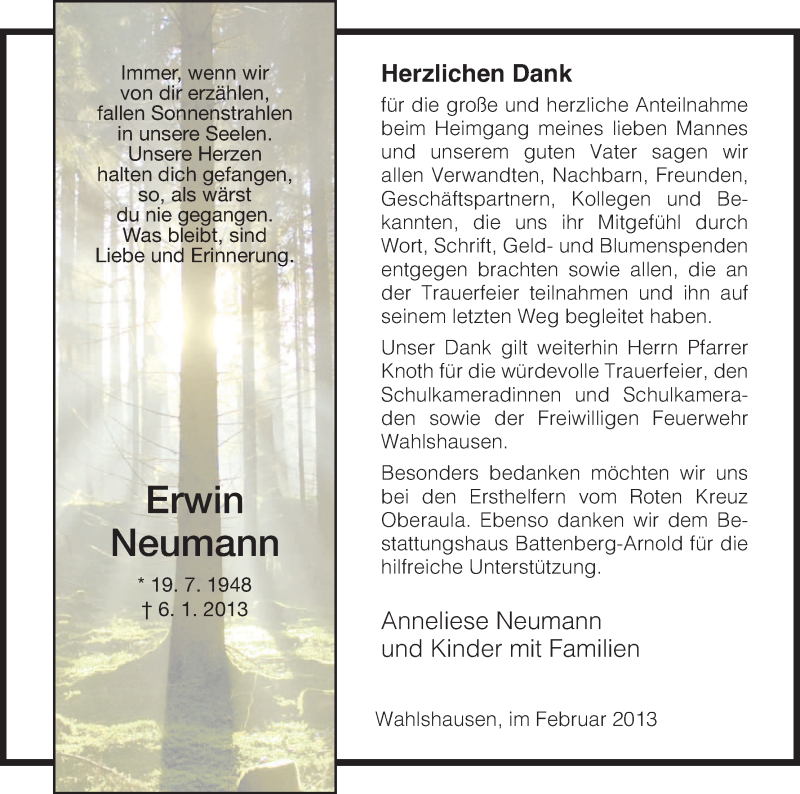  Traueranzeige für Erwin Neumann vom 02.02.2013 aus Hersfeld