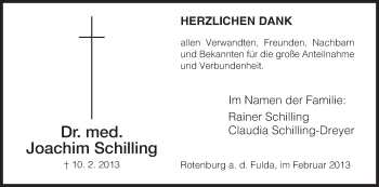 Traueranzeige von Joachim Schilling von Hersfeld
