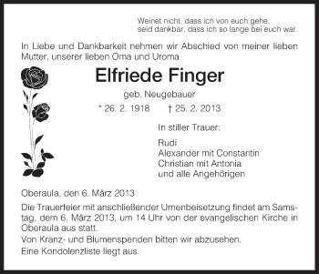 Traueranzeige von Elfriede Finger von Hersfeld