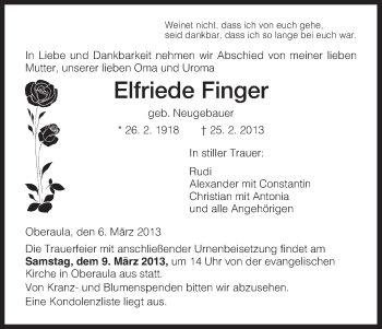 Traueranzeige von Elfriede Finger von Hersfeld