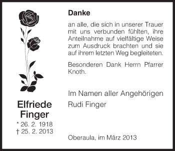 Traueranzeige von Elfriede Finger von Hersfeld