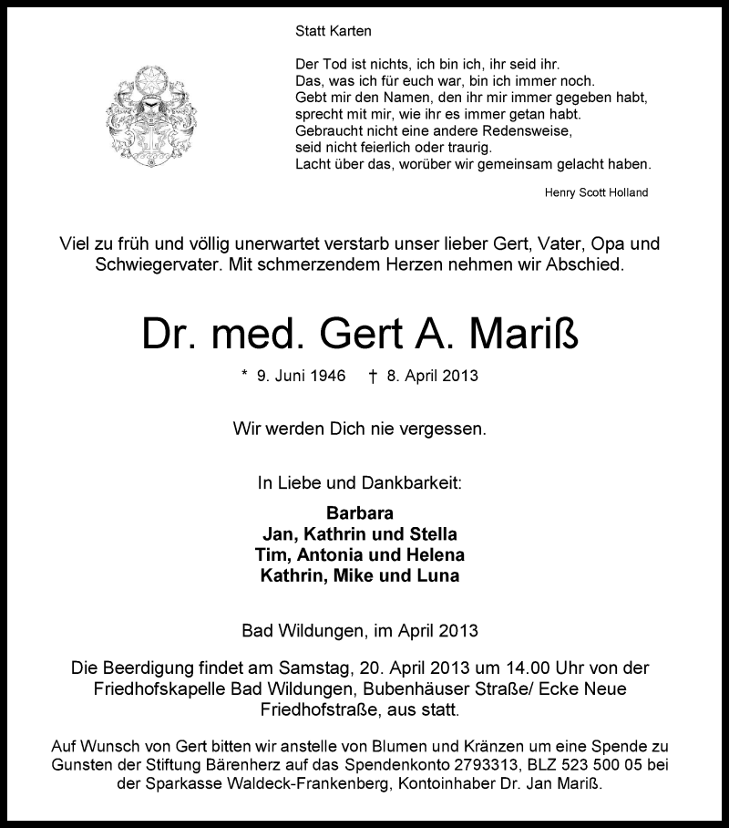  Traueranzeige für Gert Mariß vom 15.04.2013 aus Hersfeld