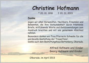 Traueranzeige von Christine Hofmann von Hersfeld