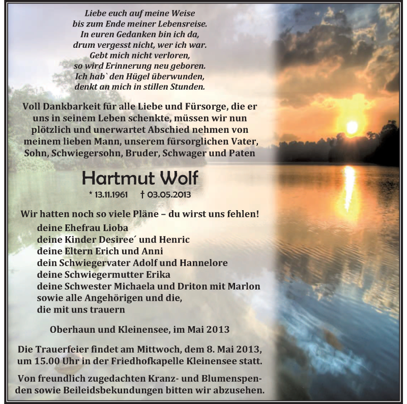  Traueranzeige für Hartmut Wolf vom 07.05.2013 aus Hersfeld