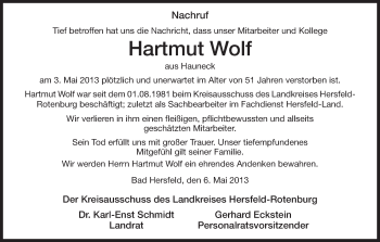 Traueranzeige von Hartmut Wolf von Hersfeld