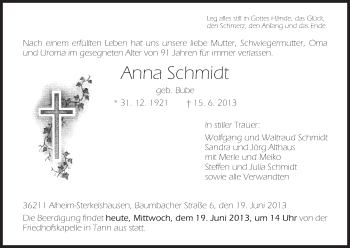 Traueranzeige von Anna Schmidt von Hersfeld