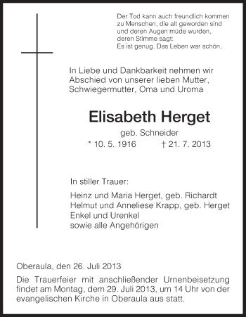 Traueranzeige von Elisabeth Herget von Hersfeld