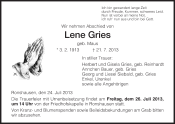 Traueranzeige von Lene Gries von Hersfeld