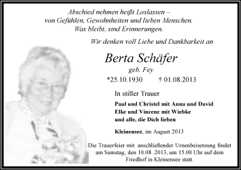 Traueranzeige von Berta Schäfer von Hersfeld