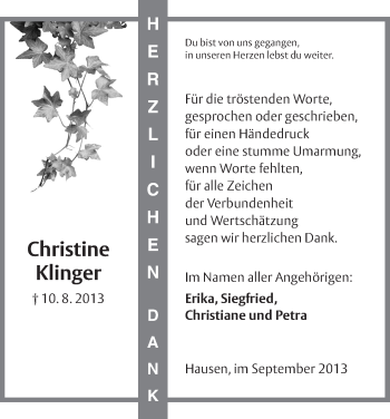 Traueranzeige von Christine Klinger von Hersfeld