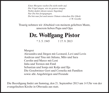 Traueranzeige von Wolfgang Pistor von Hersfeld