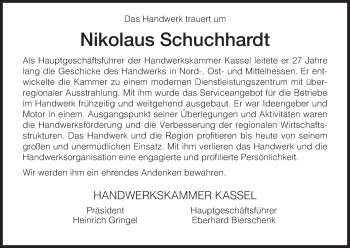 Traueranzeige von Nikolaus Schuchhardt von Hersfeld