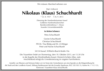 Traueranzeige von Nikolaus Schuchhardt von Hersfeld