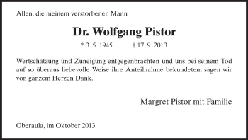 Traueranzeige von Wolfgang Pistor von Hersfeld