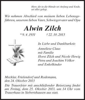 Traueranzeige von Alwin Zilch von Hersfeld