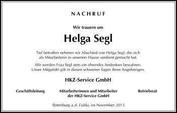 Traueranzeige von Helga Segl von Hersfeld