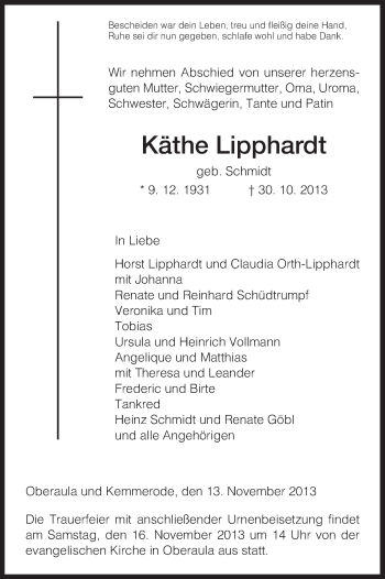 Traueranzeige von Käthe Lipphardt von Hersfeld