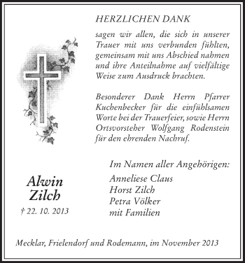 Traueranzeige von Alwin Zilch von Hersfeld