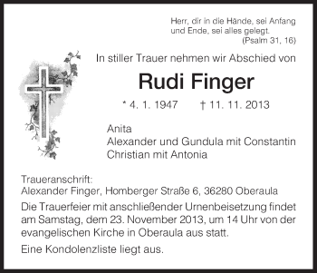 Traueranzeige von Rudi Finger von Hersfeld