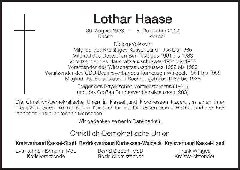  Traueranzeige für Lothar Haase vom 11.12.2013 aus Hersfeld