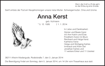 Traueranzeige von Anna Kerst von Hersfeld