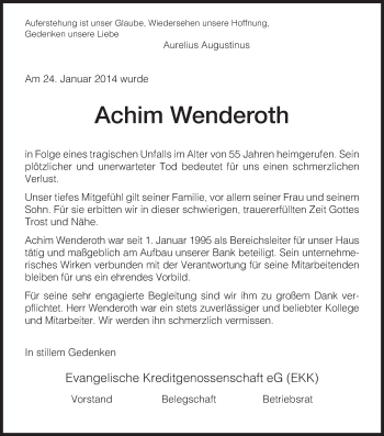 Traueranzeige von Achim Wenderoth von Hersfeld