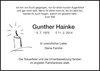 Traueranzeige von Gunther Hainke von Hersfeld