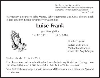 Traueranzeige von Luise Frank von Hersfeld