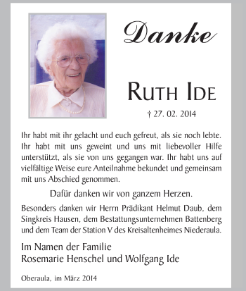 Traueranzeige von Ruth Ide von Hersfeld