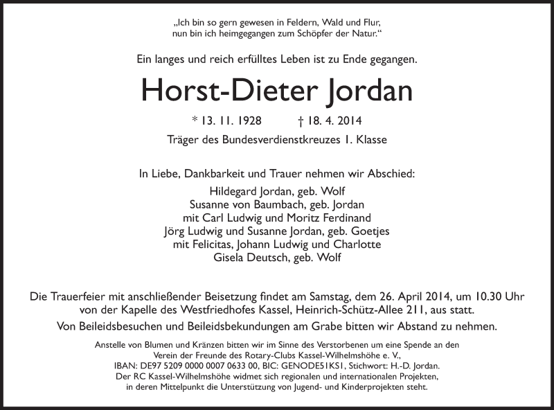  Traueranzeige für Horst-Dieter Jordan vom 23.04.2014 aus Hersfeld