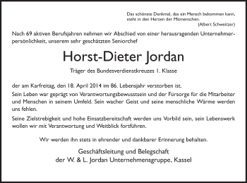Traueranzeige von Horst-Dieter Jordan von Hersfeld