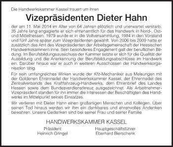 Traueranzeige von Dieter Hahn von Hersfeld