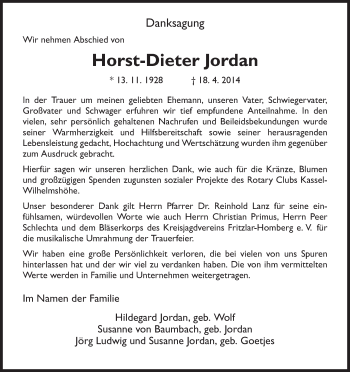 Traueranzeige von Horst-Dieter Jordan von Hersfeld
