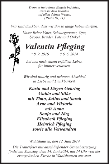 Traueranzeige von Valentin Pfleging von Hersfeld