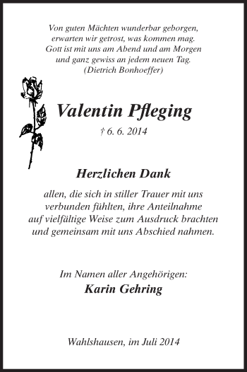 Traueranzeige von Valentin Pfleging von Hersfeld