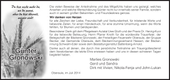 Traueranzeige von Günter Gronowski von Hersfeld