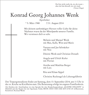 Traueranzeige von Konrad Wenk von Hersfeld