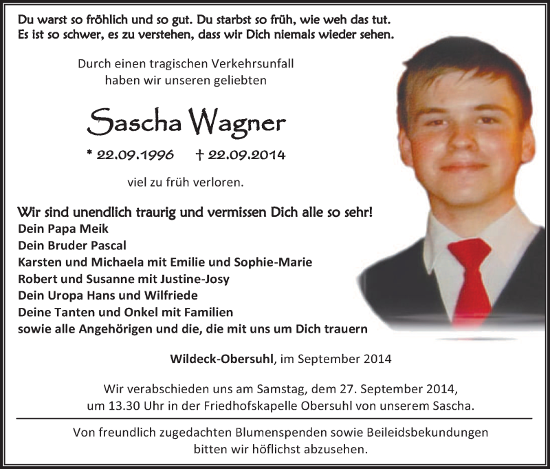  Traueranzeige für Sascha Wagner vom 25.09.2014 aus Hersfeld