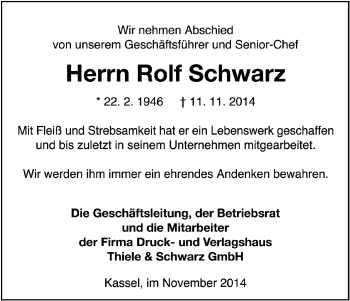 Traueranzeige von Rolf Schwarz von Hersfeld