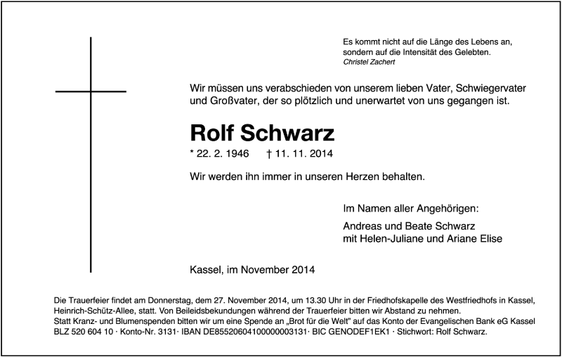  Traueranzeige für Rolf Schwarz vom 22.11.2014 aus Hersfeld