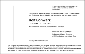 Traueranzeige von Rolf Schwarz von Hersfeld