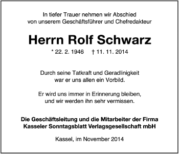 Traueranzeige von Rolf Schwarz von Hersfeld