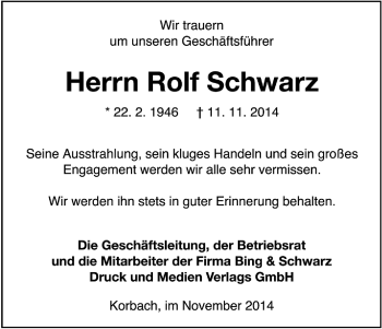 Traueranzeige von Rolf Schwarz von Hersfeld