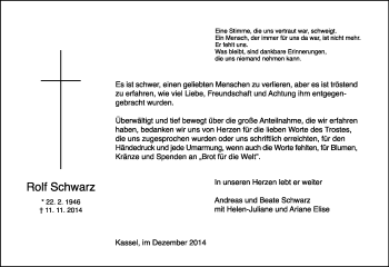 Traueranzeige von Rolf Schwarz von Hersfeld