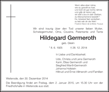 Traueranzeige von Hildegard Germeroth von Hersfeld