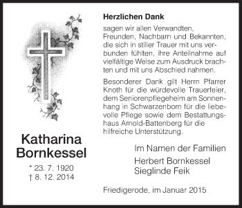 Traueranzeige von Katharina Bornkessel von Hersfeld